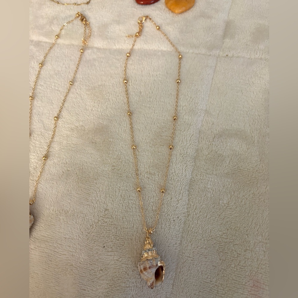 Gold Seashell Necklace | 16-18” Stainless Steel Beaded Chain | Coastal Boho - Picture 3 of 5